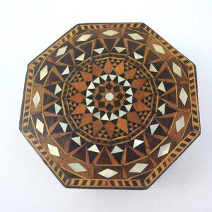 Vintage Middle Eastern Wooden Marquetry Lidded Box with Mother of Pearl Inlay